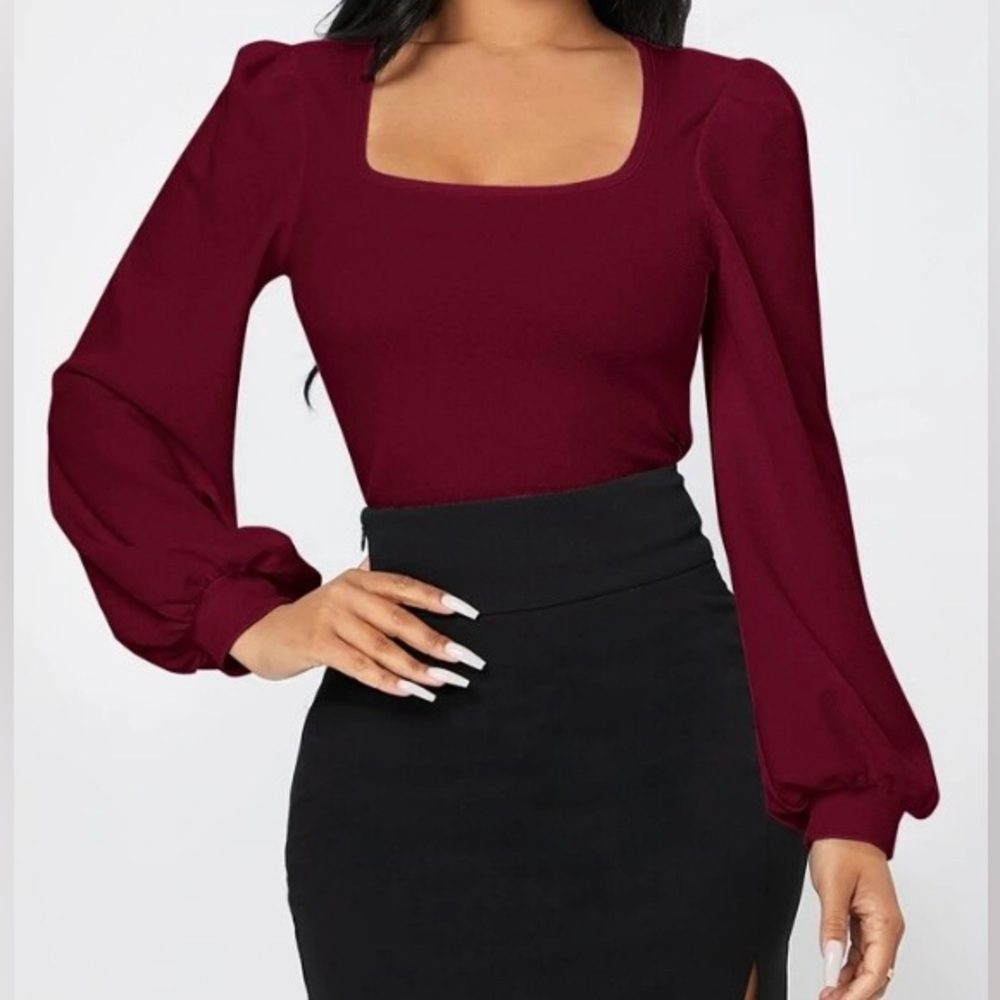 Burgundy Square Neck Blouse Top